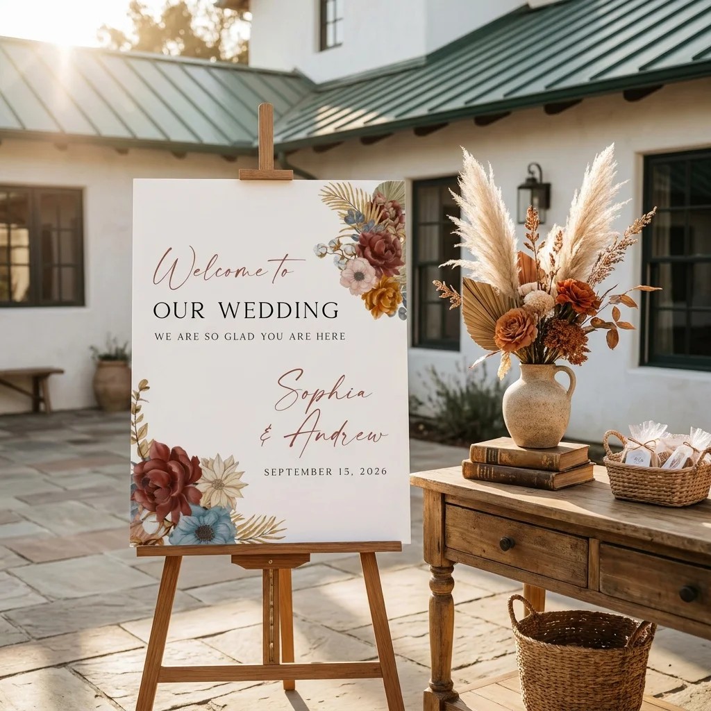 Marisol Bloom wedding welcome sign — shown beside furniture for scale under soft natural light with a slight overhead angle, wedding signage.