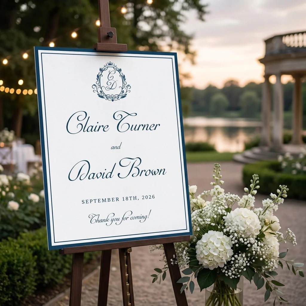 Windsor Crown wedding welcome sign — displayed at a wedding entrance under soft natural light, welcome to our wedding sign.