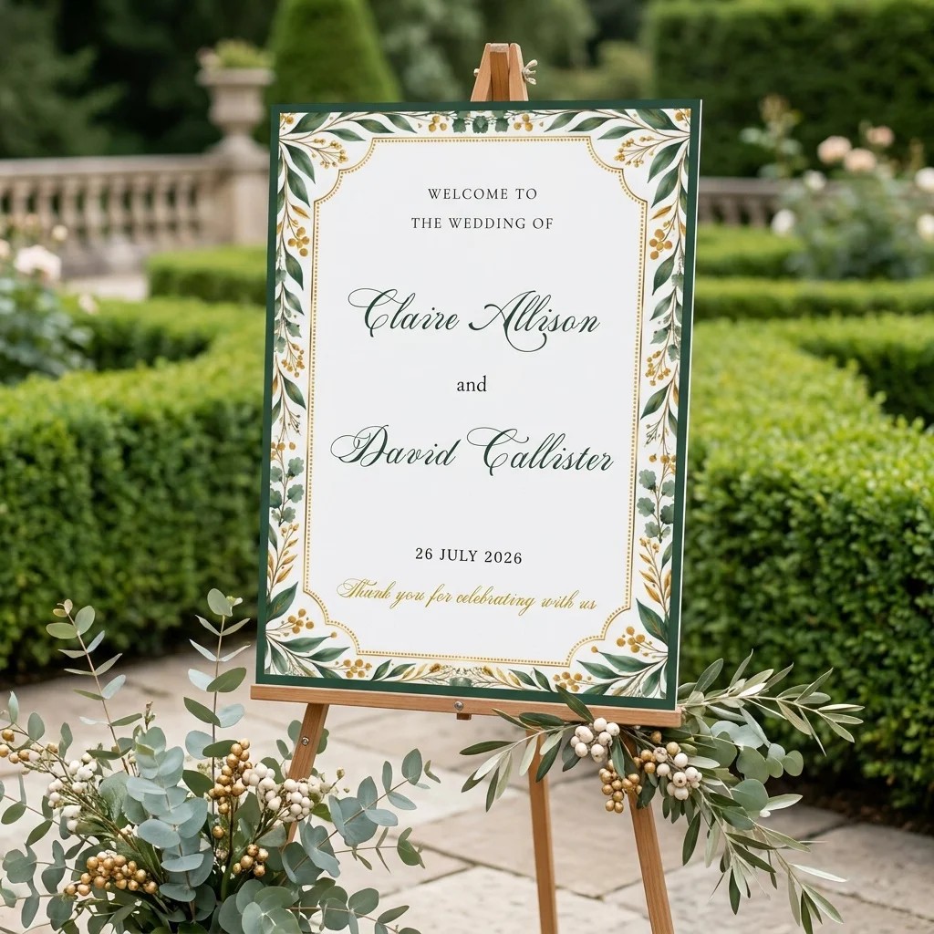 Gilded Foliage wedding welcome sign — displayed at a wedding entrance with soft natural light, welcome to our wedding sign.