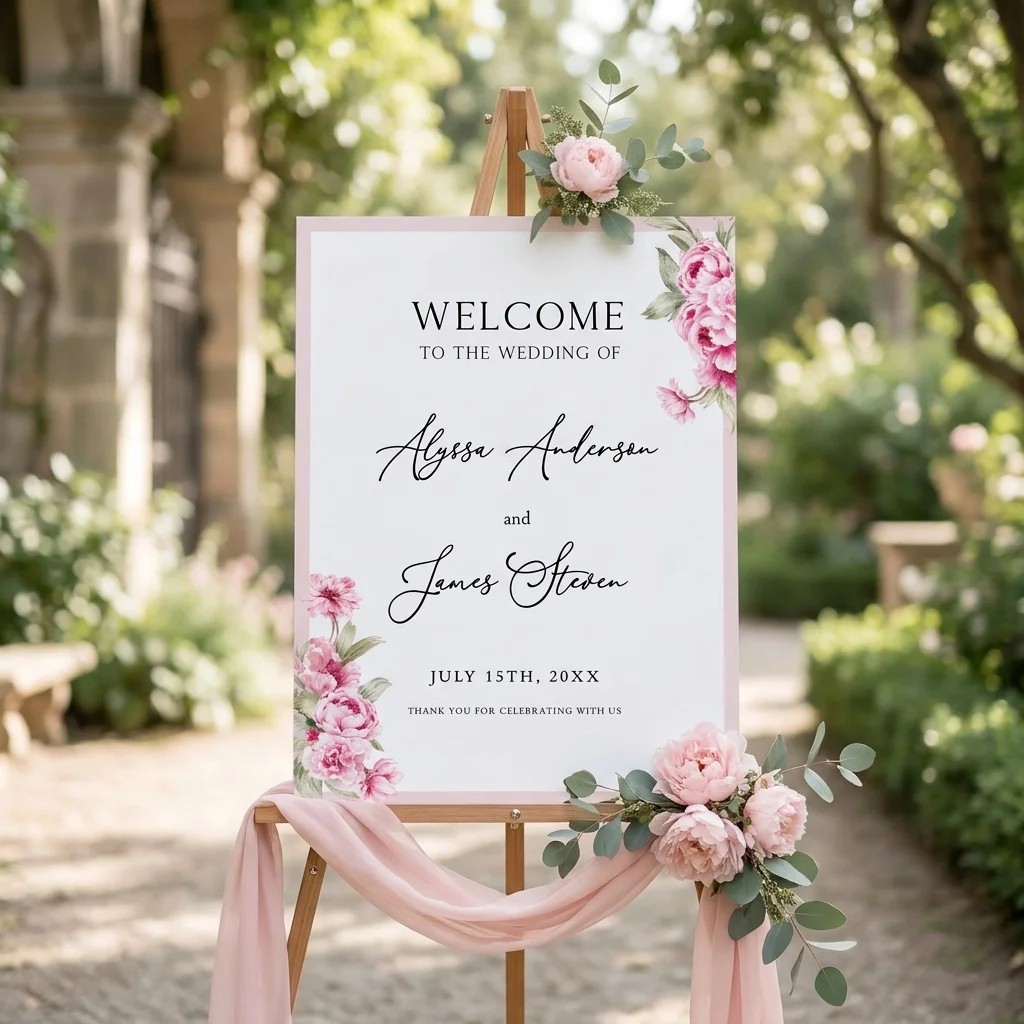 Blush Peony wedding welcome sign — shown at a wedding entrance in soft natural light with slight overhead angle, welcome to our wedding sign.