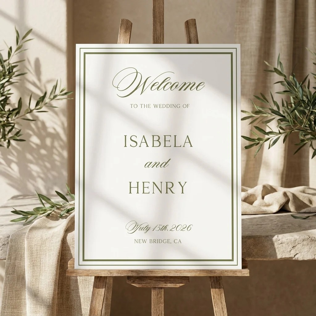 Olive Script wedding welcome sign — displayed on an easel under soft natural light with a slight overhead angle, wedding welcome sign.