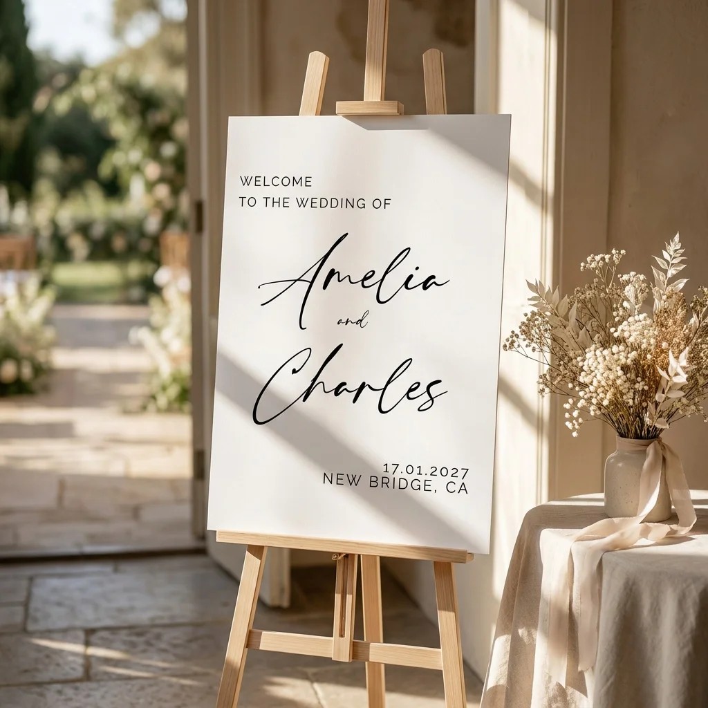 Cathedral wedding welcome sign — shown at a wedding entrance on premium editorial paper in soft natural light, welcome to our wedding sign.