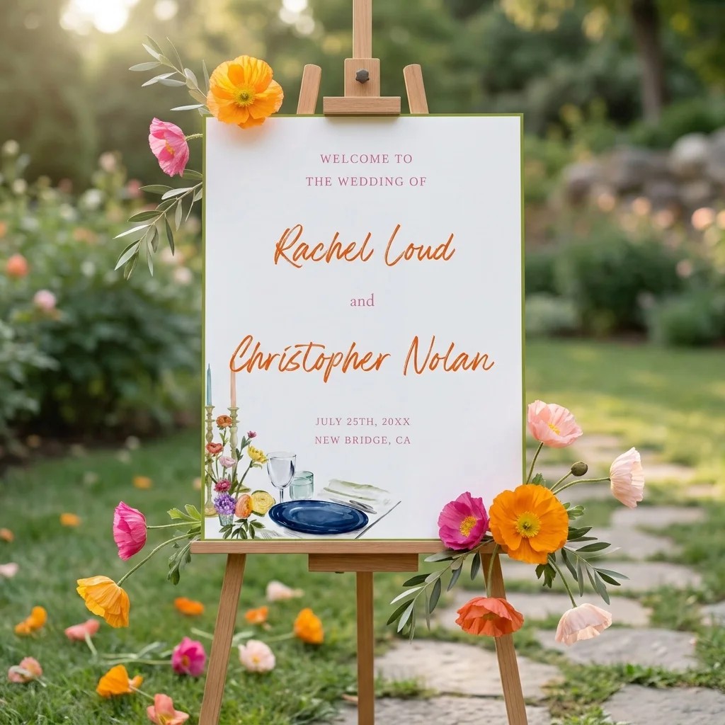 Poppy Court wedding welcome sign — shown at a wedding entrance with soft natural light, welcome to our wedding sign