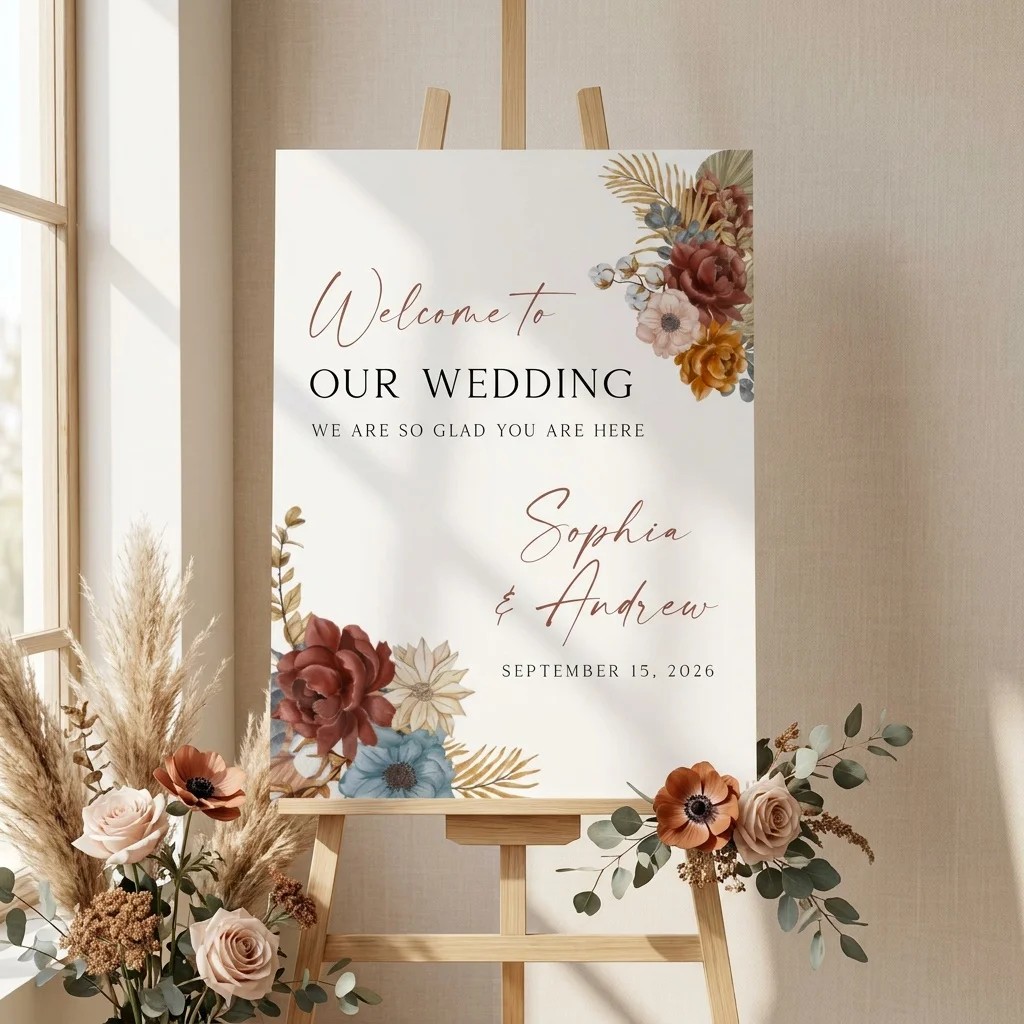 Marisol Bloom wedding welcome sign — displayed on an easel under soft natural light, slight overhead angle, wedding welcome sign.