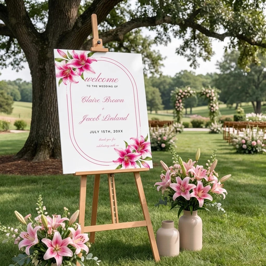 Lily Bloom wedding welcome sign — displayed at a wedding entrance in soft natural light with a slight overhead angle, welcome to our wedding sign.