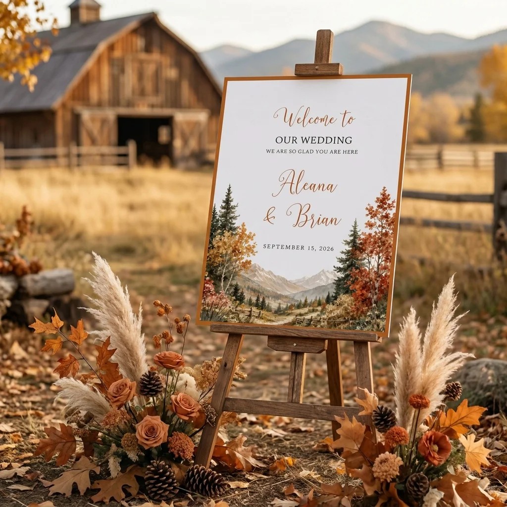 Autumn Vale wedding welcome sign — displayed at a wedding entrance on premium editorial paper under soft natural light, welcome to our wedding sign.