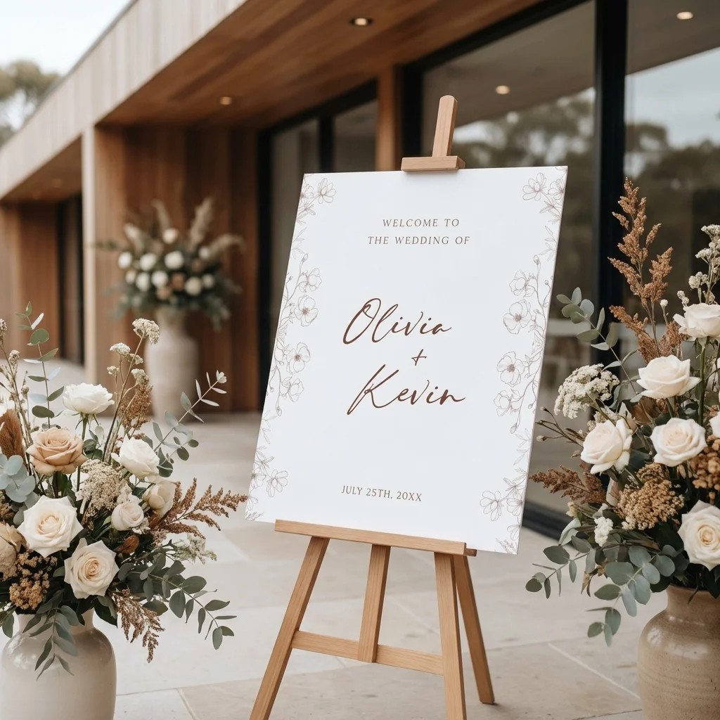 Arrow Bloom wedding welcome sign — displayed at a wedding entrance in soft natural light, welcome to our wedding sign.