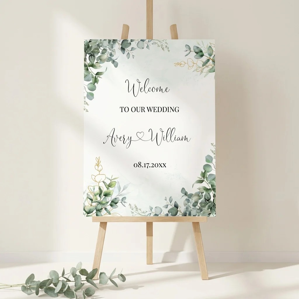 Eucalyptus Gold wedding welcome sign — displayed on an easel under soft natural light at a slight overhead angle, wedding welcome sign