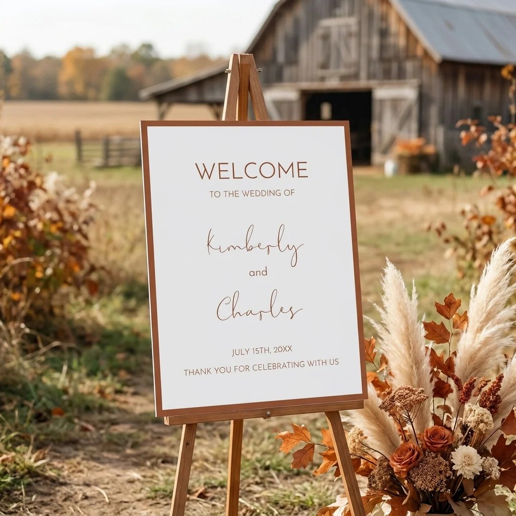Stevens wedding welcome sign — displayed at a wedding entrance on premium editorial paper under soft natural light, welcome to our wedding sign.