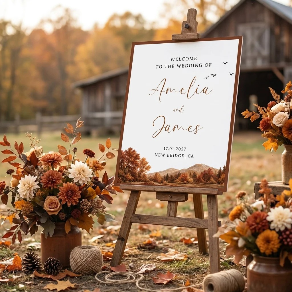 Timberline Reverie wedding welcome sign — displayed at a wedding entrance under soft natural light, welcome to our wedding sign.