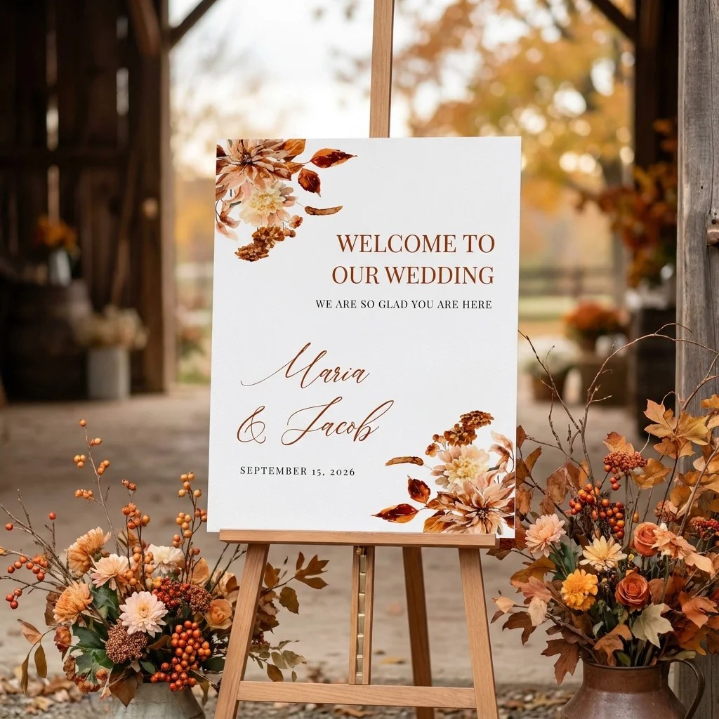 Autumn Bramble wedding welcome sign at a wedding entrance, softly lit from a slight overhead angle, welcome to our wedding sign.