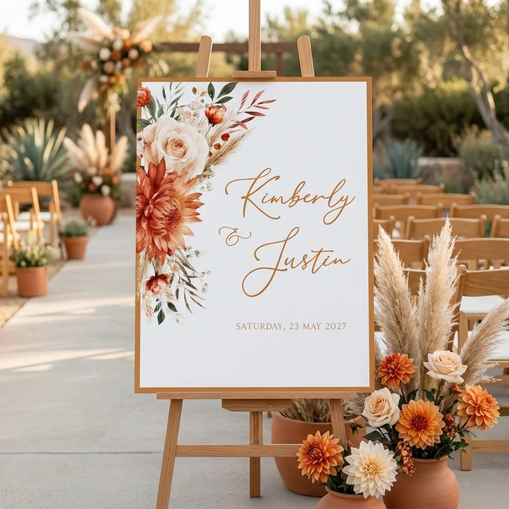 Marigold wedding welcome sign — displayed at a wedding entrance under soft natural light with a slight overhead angle, welcome to our wedding sign.
