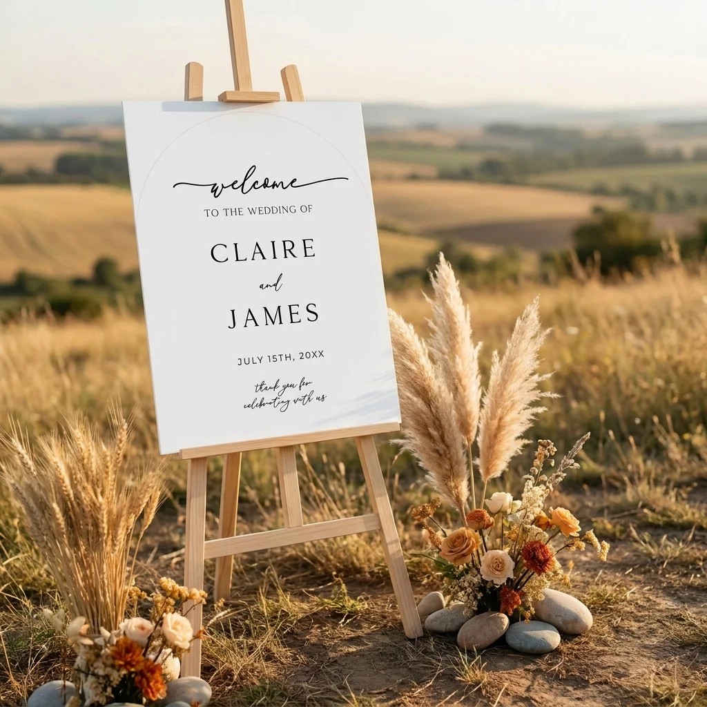 Halo Arch wedding welcome sign — displayed at an entrance under soft natural light, welcome to our wedding sign.