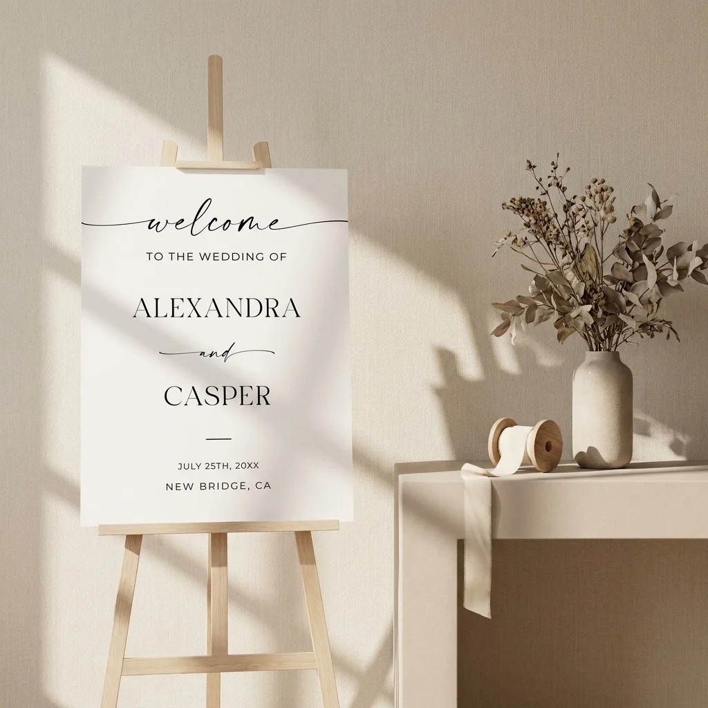 Charline wedding welcome sign — shown beside furniture for scale under soft natural light with a slight overhead angle, wedding signage.