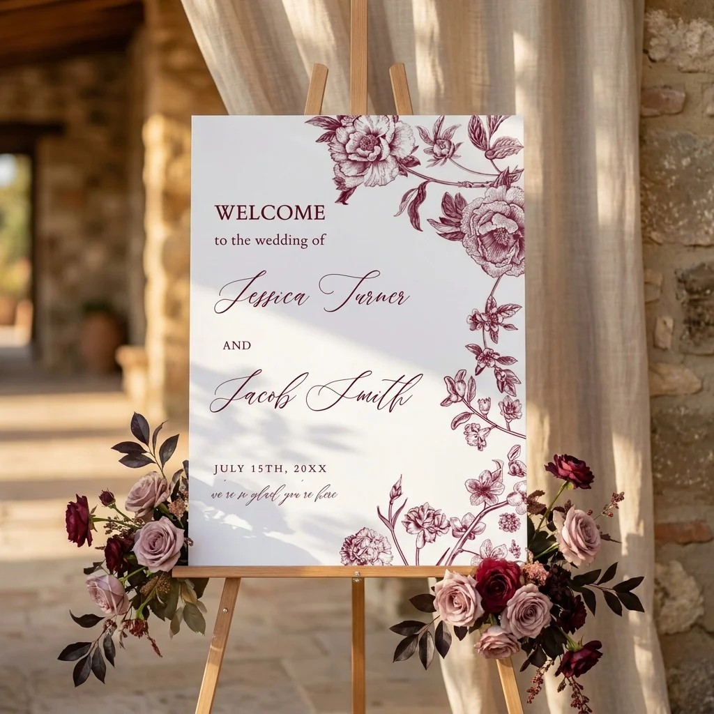 Chantilly wedding welcome sign — displayed at a wedding entrance in soft natural light, welcome to our wedding sign.