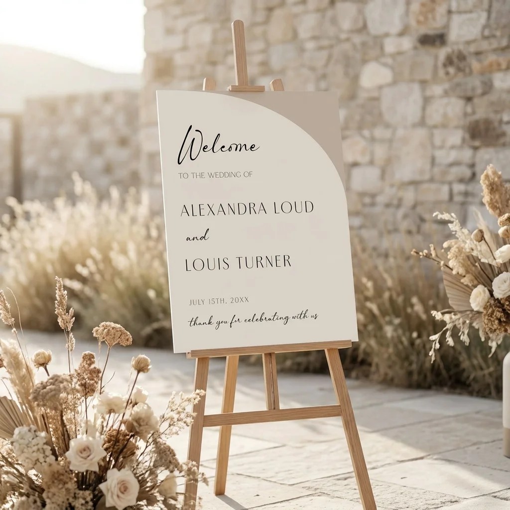 Tassel Arc wedding welcome sign displayed at a wedding entrance under soft natural light, welcome to our wedding sign.