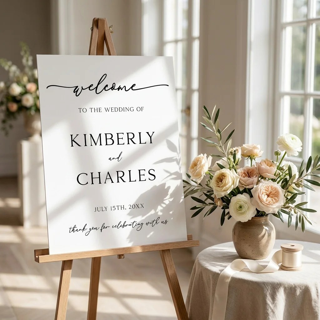 Quiet Line wedding welcome sign displayed at a wedding entrance on premium editorial paper under soft natural light, welcome to our wedding sign.