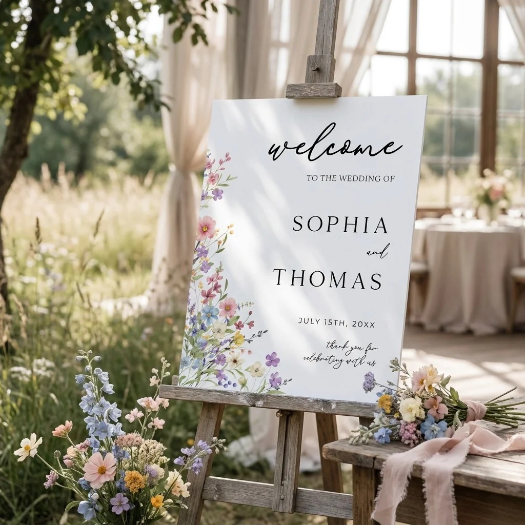 Meadowlark wedding welcome sign — displayed at a wedding entrance under soft natural light, welcome to our wedding sign.
