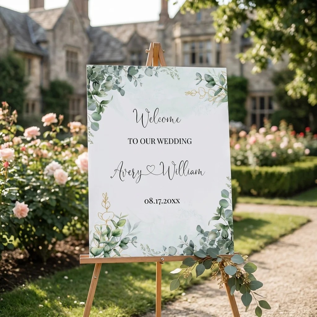 Eucalyptus Gold wedding welcome sign — displayed at a wedding entrance under soft natural light, welcome to our wedding sign.