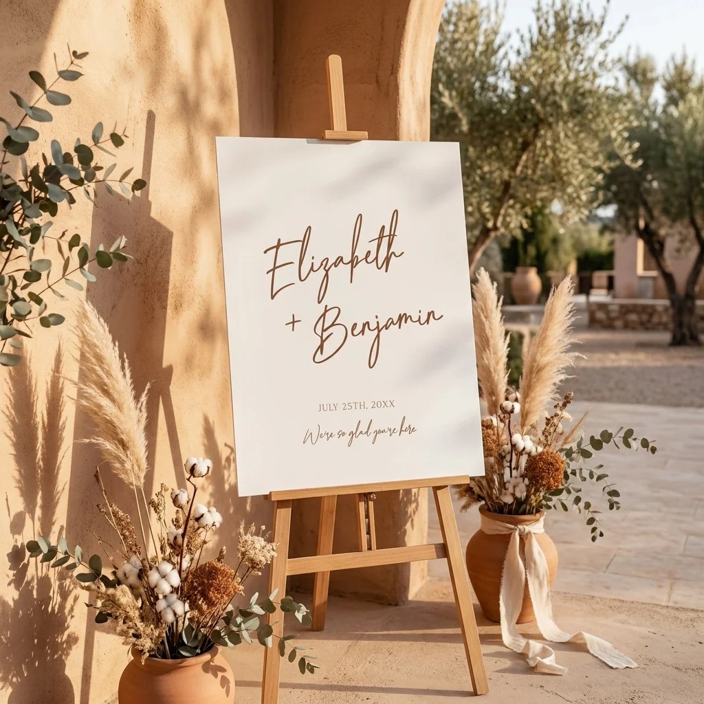 Briar Script wedding welcome sign — displayed at a wedding entrance on premium editorial paper under soft natural light, welcome to our wedding sign.