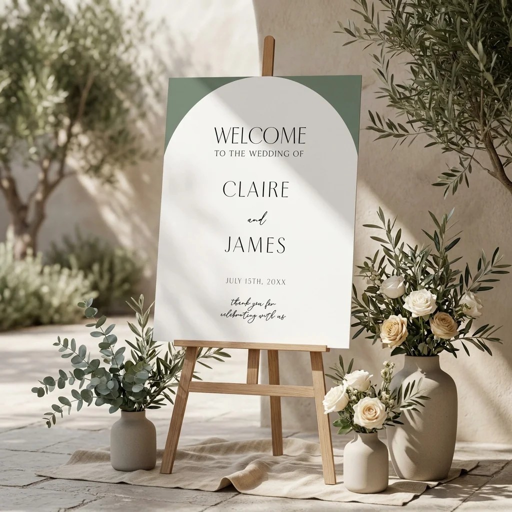 Arc Vale wedding welcome sign — at a wedding entrance on editorial paper in soft light, welcome to our wedding sign.