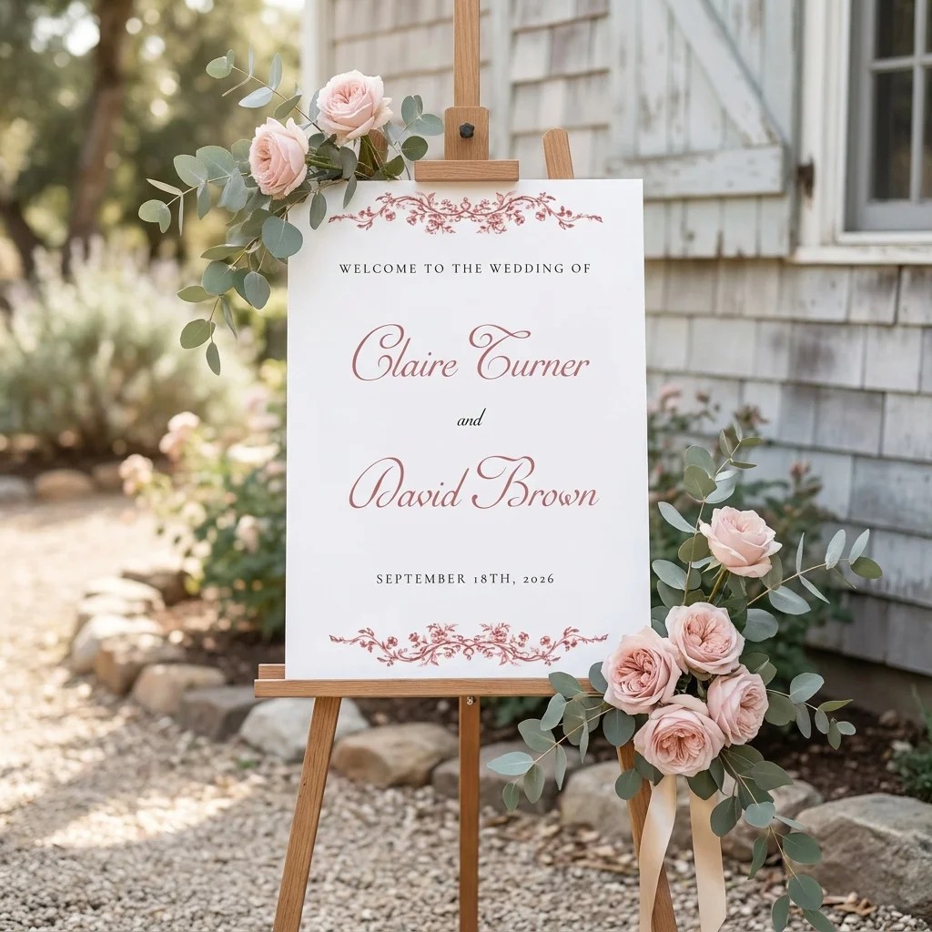 Rosewood Trellis wedding welcome sign — displayed at a wedding entrance under soft natural light, welcome to our wedding sign.