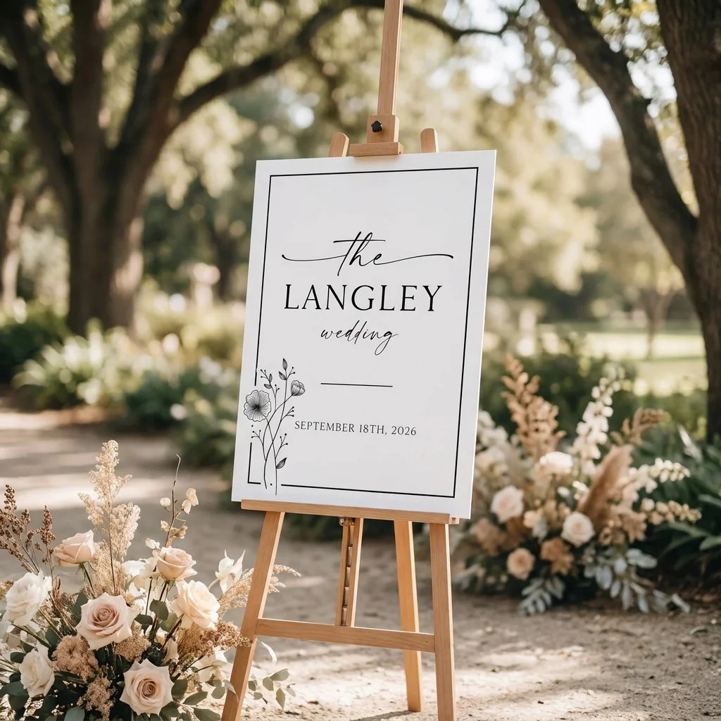 Hush Bloom wedding welcome sign — shown at the entrance in soft natural light with a slight overhead angle, welcome to our wedding sign.