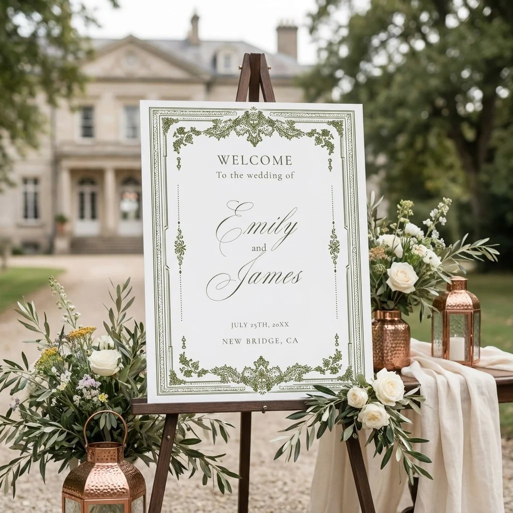 Verdant Filigree wedding welcome sign — displayed at a wedding entrance on premium editorial paper under soft natural light, welcome to our wedding sign.