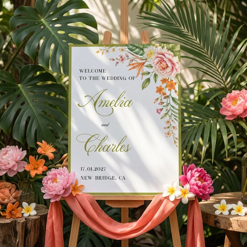 Plumeria Peony wedding welcome sign — displayed on an easel under soft natural light, slight overhead angle, wedding welcome sign