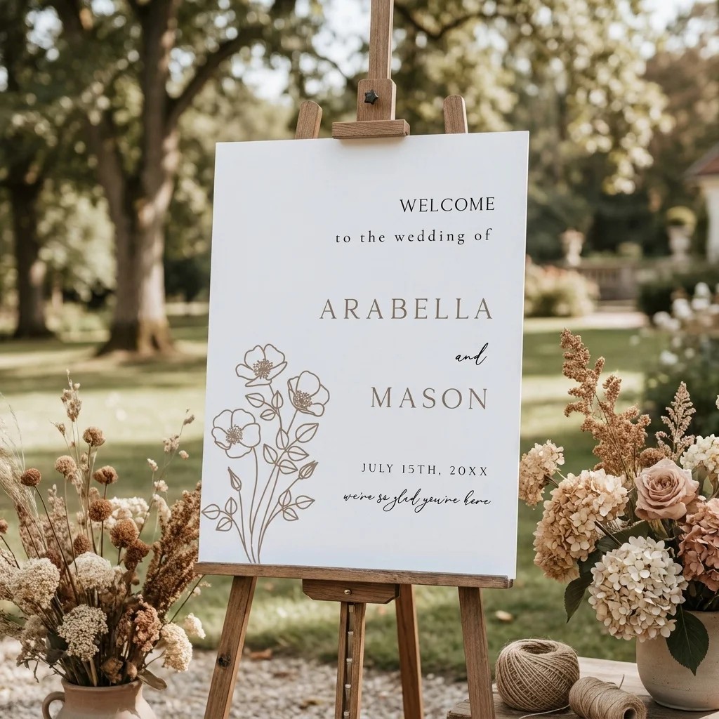 Anemora wedding welcome sign — displayed at a wedding entrance under soft natural light, welcome to our wedding sign.