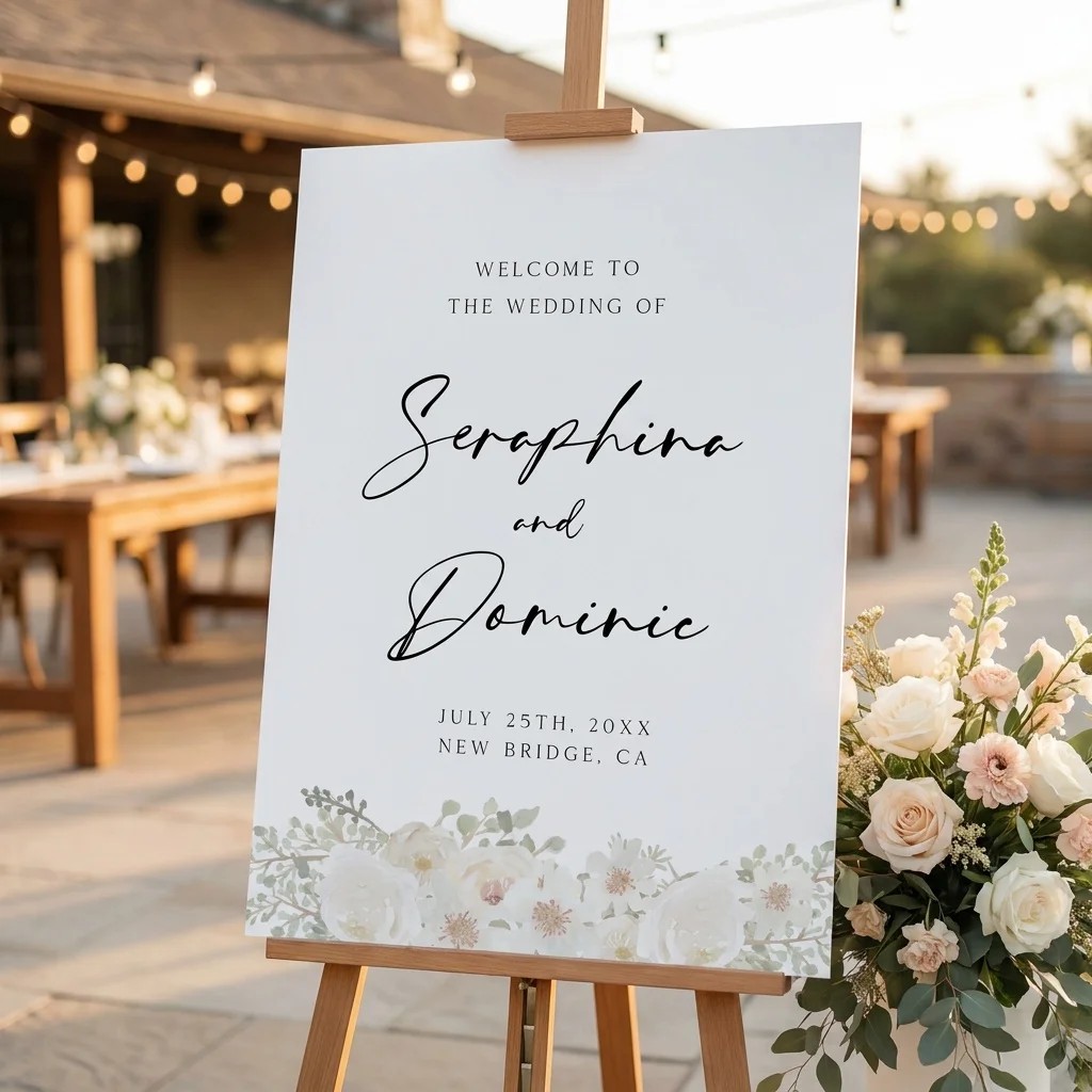 Seraphine wedding welcome sign — displayed at a wedding entrance under soft natural light, welcome to our wedding sign.