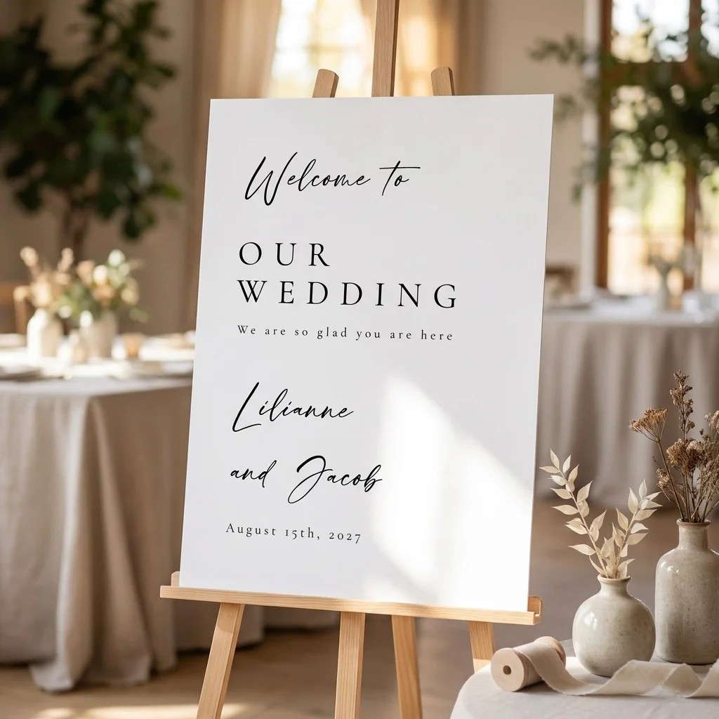 Tonal Reply wedding welcome sign — displayed at a wedding entrance under soft natural light, welcome to our wedding sign.