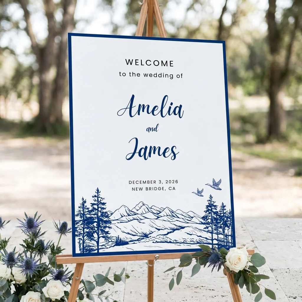 Blue Range wedding welcome sign — displayed at a wedding entrance under soft natural light, welcome to our wedding sign.