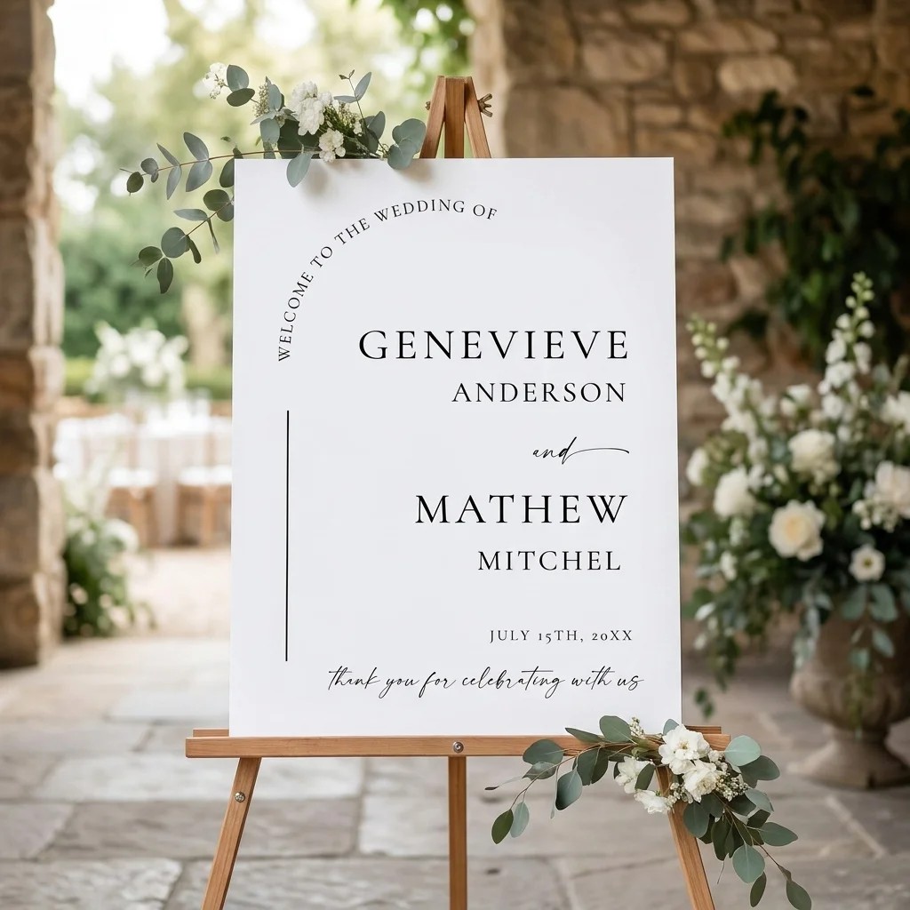 Arcadia wedding welcome sign — displayed at a wedding entrance under soft natural light with a slight overhead angle, welcome to our wedding sign