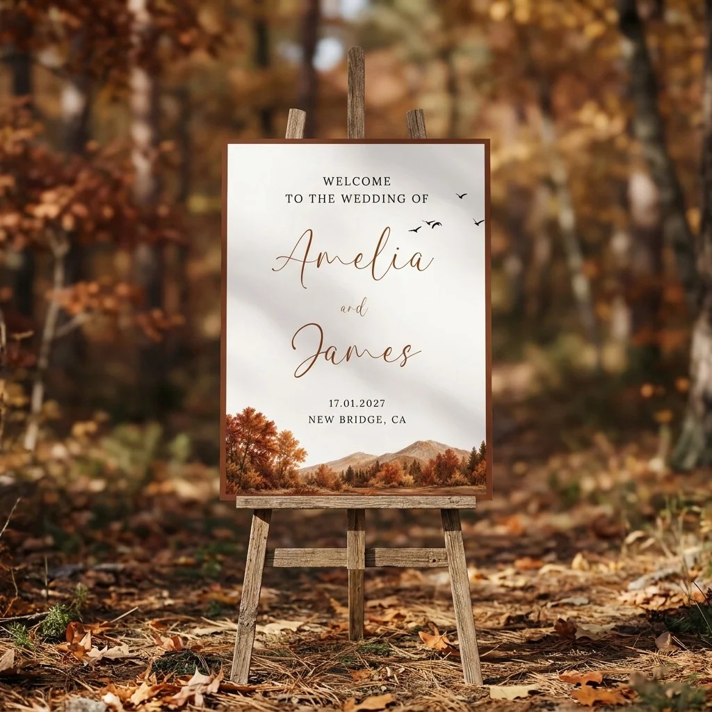 Timberline Reverie wedding welcome sign — displayed on an easel under soft natural light with a slight overhead angle, wedding welcome sign