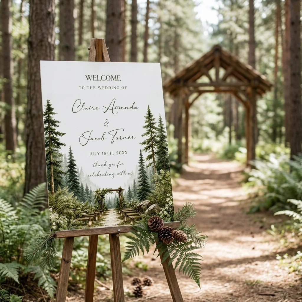 Canopy Grove wedding welcome sign — displayed at a wedding entrance under soft natural light, welcome to our wedding sign.