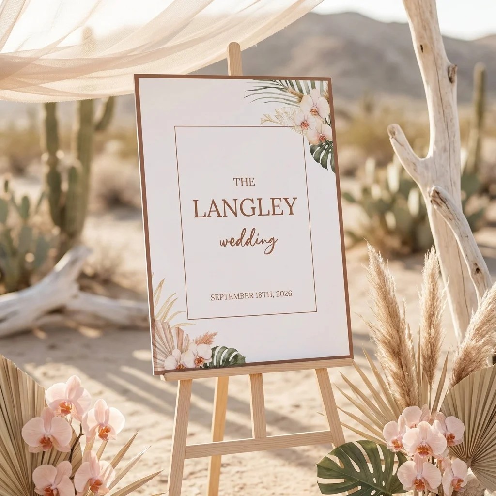 Palm Orchid wedding welcome sign — displayed at a wedding entrance under soft natural light, welcome to our wedding sign.