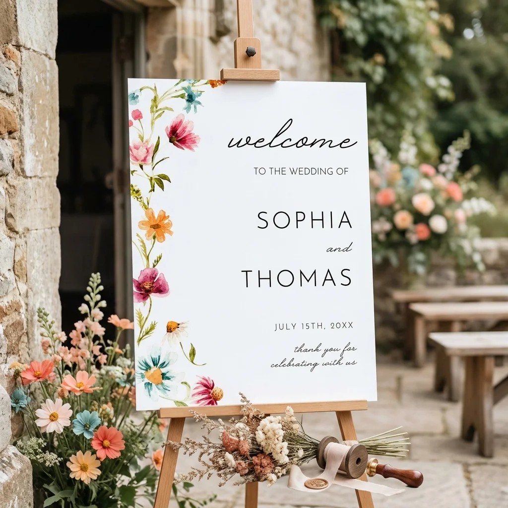 Meadow Ring wedding welcome sign — displayed at a wedding entrance under soft natural light, welcome to our wedding sign.
