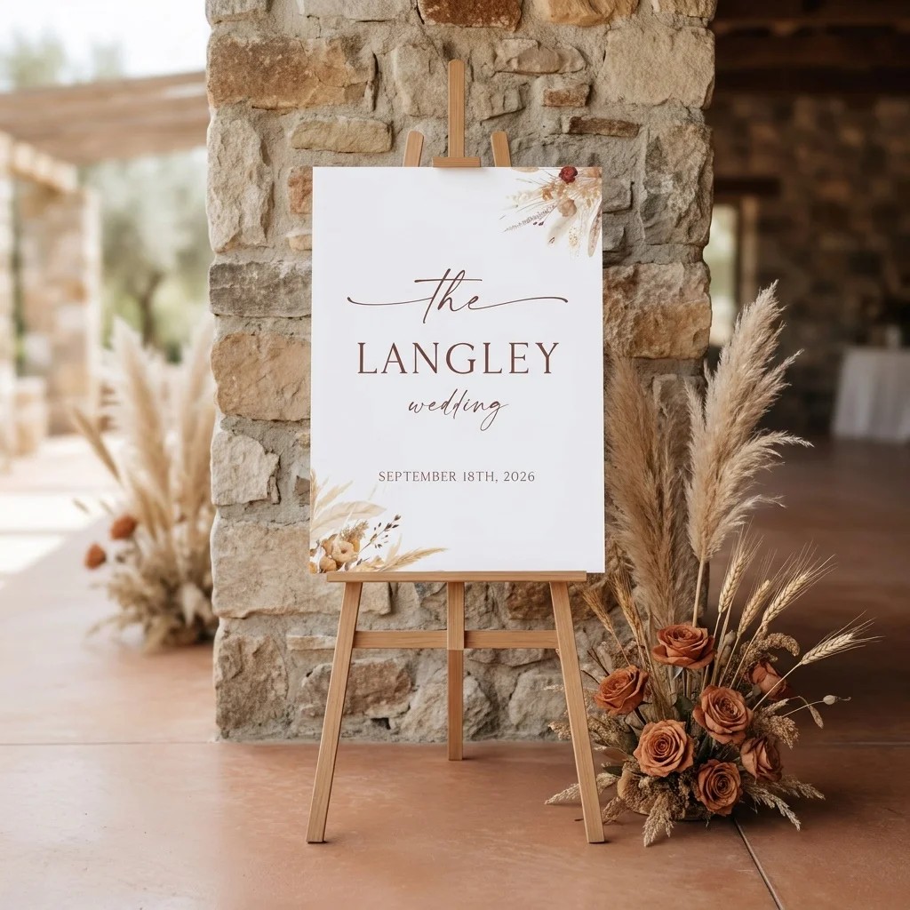 Harvest Script wedding welcome sign — displayed at a wedding entrance in soft natural light with an overhead angle, welcome to our wedding sign.