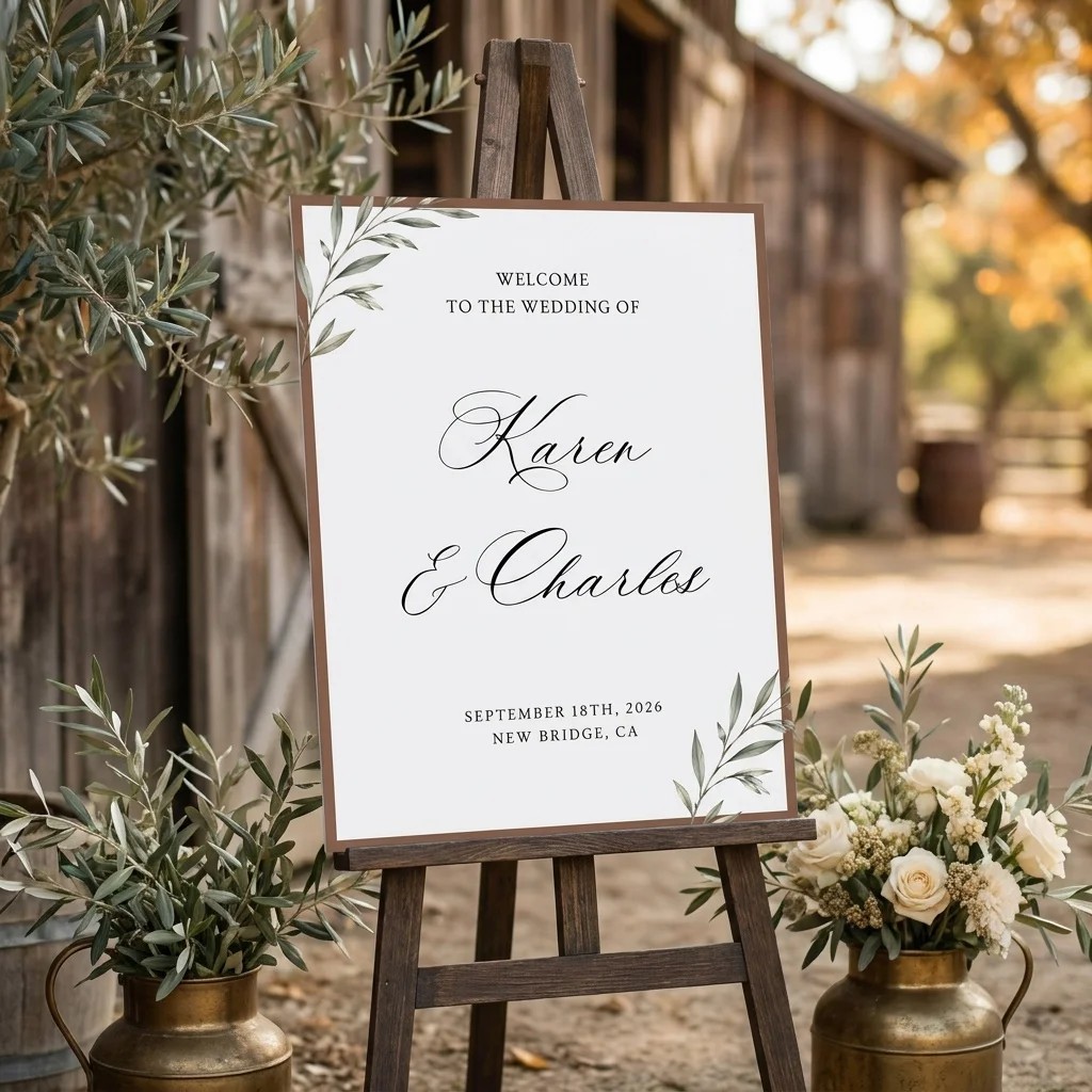 Olive Arc wedding welcome sign displayed at a wedding entrance in soft natural light, welcome to our wedding sign.