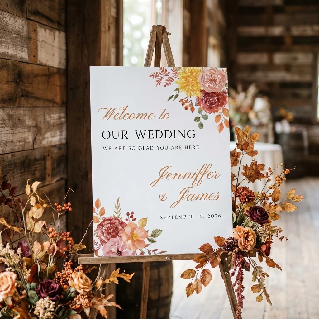 Ember Bloom wedding welcome sign — displayed at a wedding entrance under soft natural light, welcome to our wedding sign.