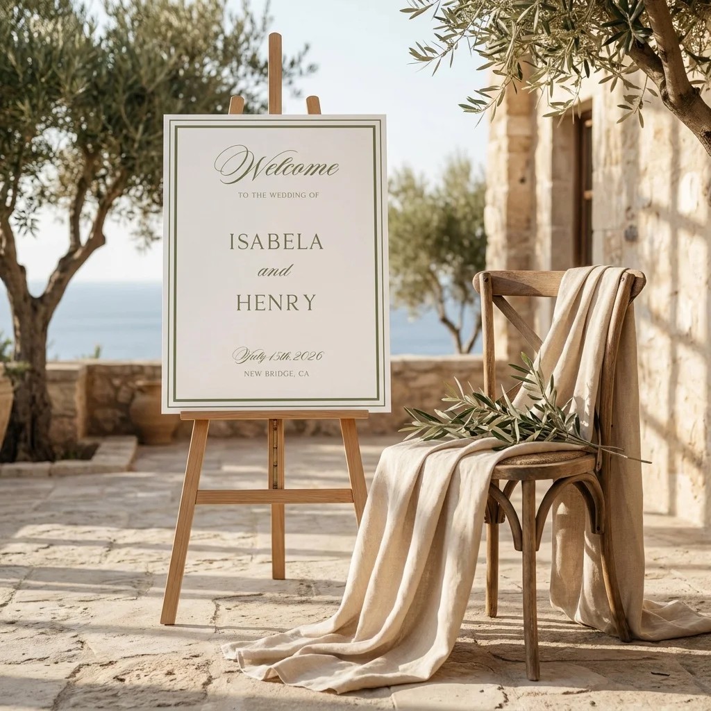 Olive Script wedding welcome sign — shown beside furniture for scale under soft natural light, wedding signage.