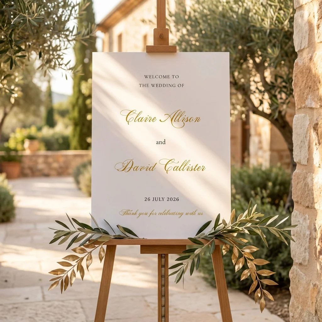 Gilded Arrow wedding welcome sign — displayed at a wedding entrance under soft natural light, slight overhead angle, welcome to our wedding sign.