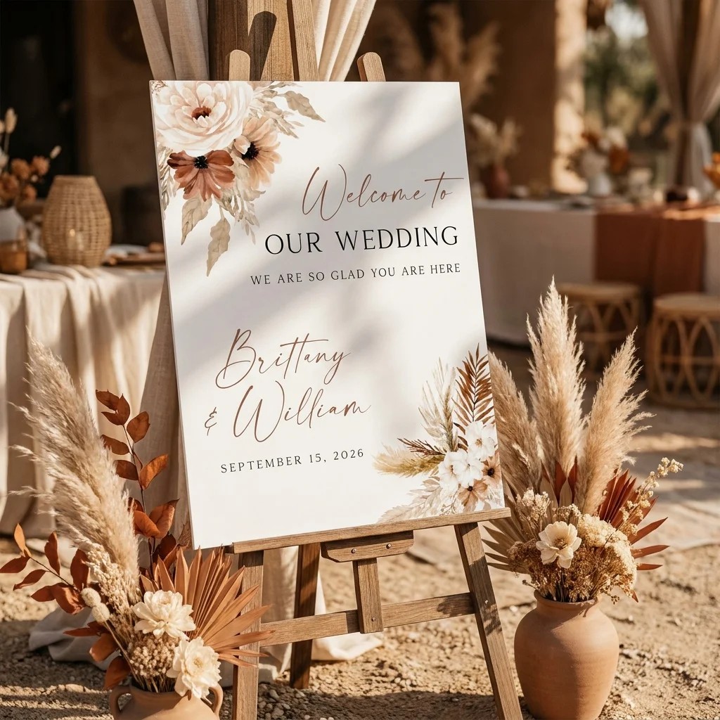 Pampas Bloom wedding welcome sign — displayed at a wedding entrance on premium editorial paper under soft natural light, welcome to our wedding sign.