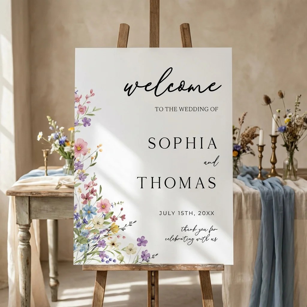 Meadowlark wedding welcome sign — displayed on an easel under soft natural light with a slight overhead angle, wedding welcome sign