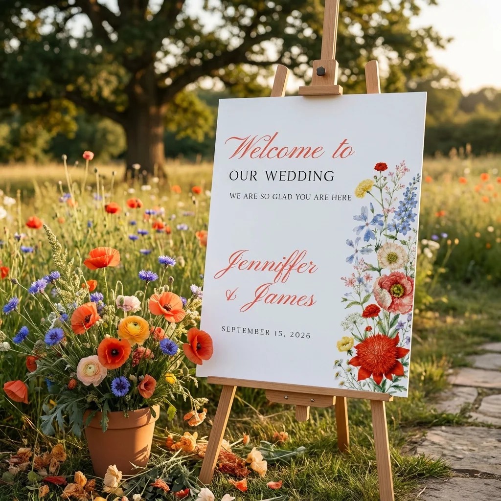 Poppy Meridian wedding welcome sign — displayed at a wedding entrance under soft natural light, welcome to our wedding sign.