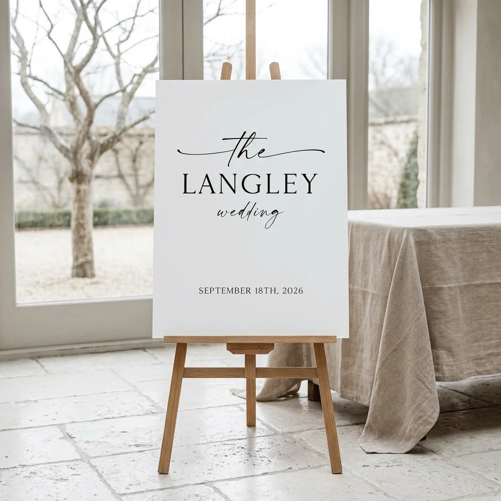 Liminal wedding welcome sign — displayed on an easel under soft natural light with a slight overhead angle, wedding welcome sign.