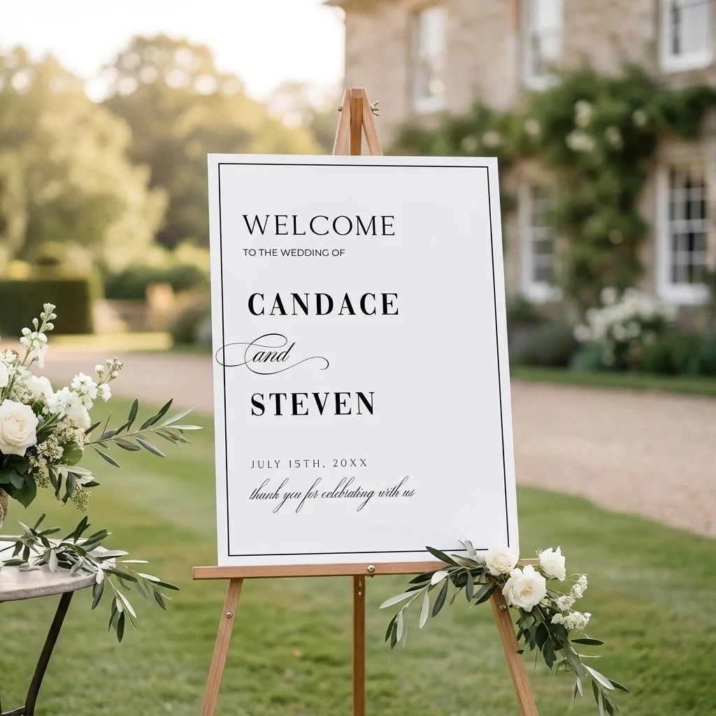 Crestline wedding welcome sign — displayed at a wedding entrance under soft natural light with a slight overhead angle, welcome to our wedding sign.