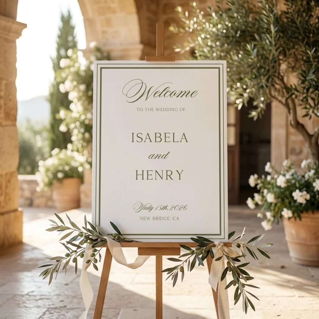 Olive Script wedding welcome sign — displayed at a wedding entrance under soft natural light, welcome to our wedding sign.