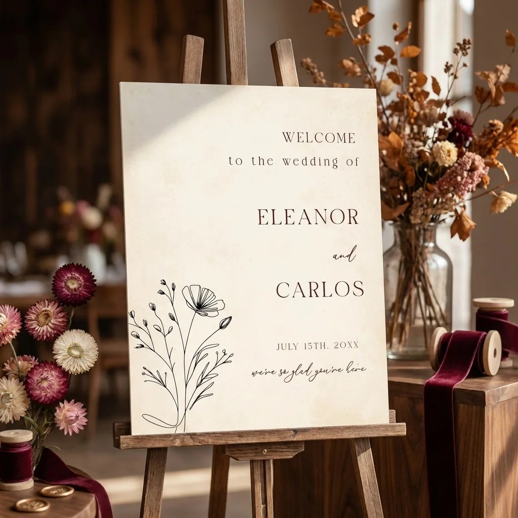 Heritage Bloom wedding welcome sign — displayed at a wedding entrance on premium editorial paper under soft natural light, welcome to our wedding sign.